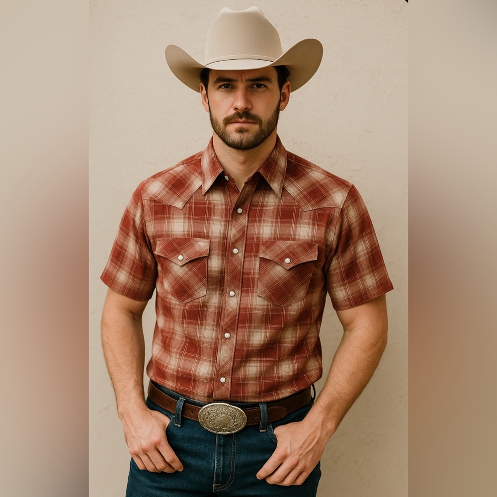 Men’s Moda Tech Western Red Plaid Pearl Snap Short Sleeve Shirt in XL